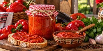 Домашна лютеница с печени червени чушки и патладжан