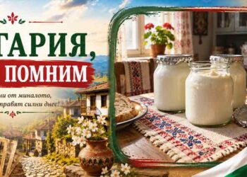 Кисело мляко в стъклени бурканчета върху маса в стара българска кухня