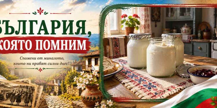 Кисело мляко в стъклени бурканчета върху маса в стара българска кухня