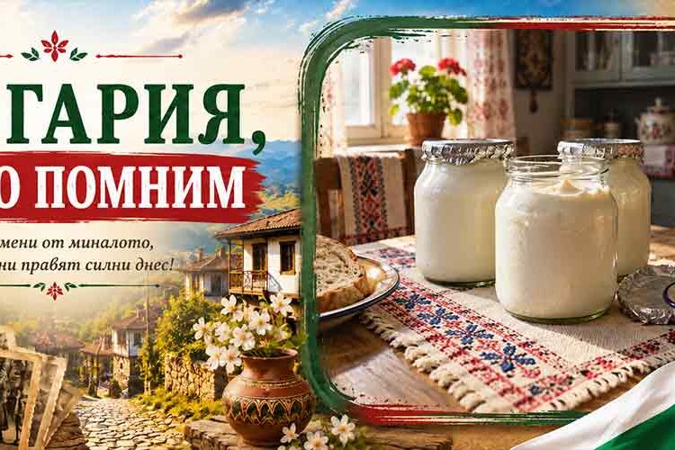 Кисело мляко в стъклени бурканчета върху маса в стара българска кухня