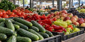 Краставици, чушки, домати и плодове, подредени на пазарен щанд