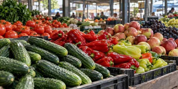 Краставиците поскъпнаха с 22,6% на едро за седмица Краставици, чушки, домати и плодове, подредени на пазарен щанд