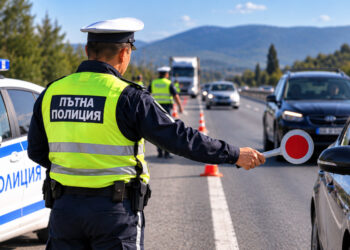 Пътна полиция извършва проверка на автомобили на български път