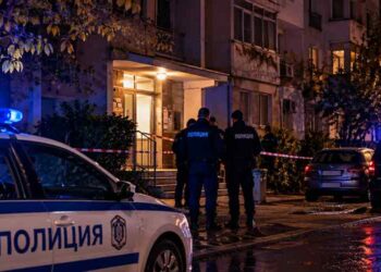 Полицейски автомобили и служители пред жилищна сграда – илюстрация към новината за убийство в Пловдив, при което е обвинен 14-годишен.