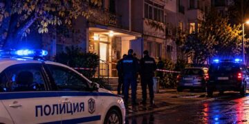 Полицейски автомобили и служители пред жилищна сграда – илюстрация към новината за убийство в Пловдив, при което е обвинен 14-годишен.