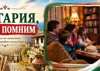 Семейство гледа филм на VHS видеокасета пред стар телевизор през 90-те години