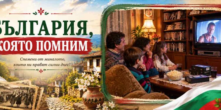 Семейство гледа филм на VHS видеокасета пред стар телевизор през 90-те години