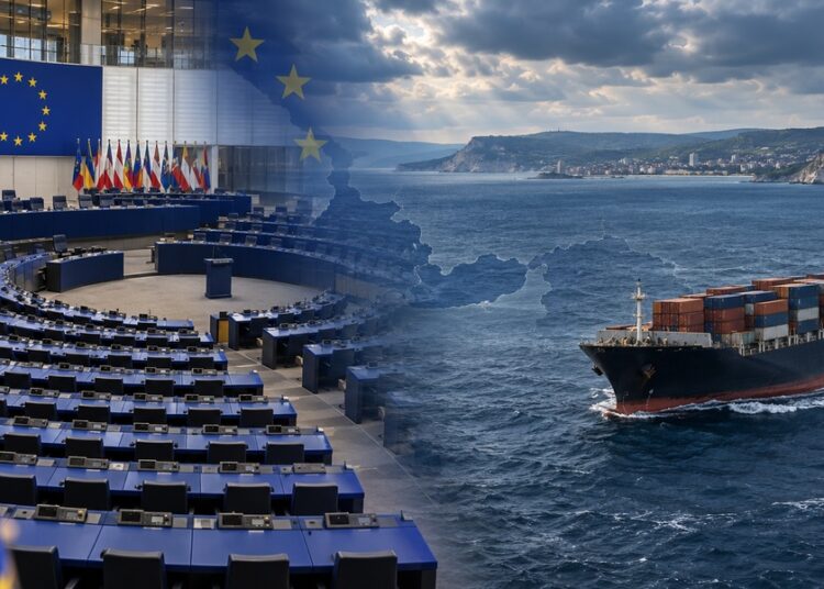 Илюстрация на Европейския парламент и търговски кораб в Черно море