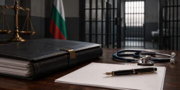 Документи, стетоскоп и везни на правосъдието пред затворнически решетки.