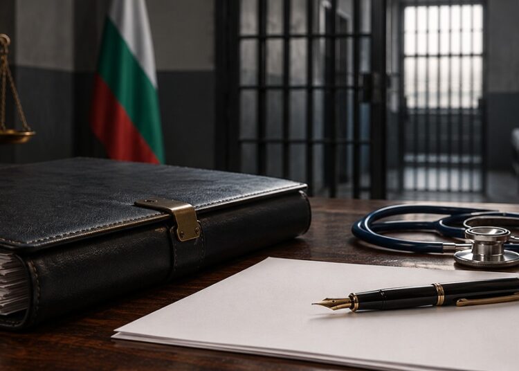 Документи, стетоскоп и везни на правосъдието пред затворнически решетки.